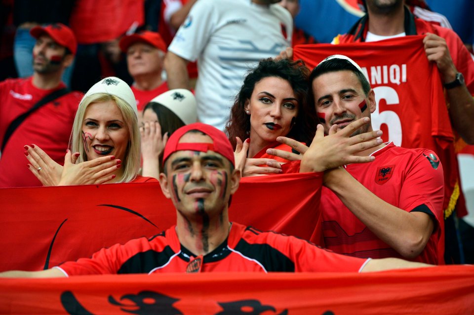 Albania supporters cheer prior to the start of the Euro 2016 Group A soccer match between France and Albania at the Velodrome stadium in Marseille, France, Wednesday, June 15, 2016. (Tibor Illyes/MTI via AP)
