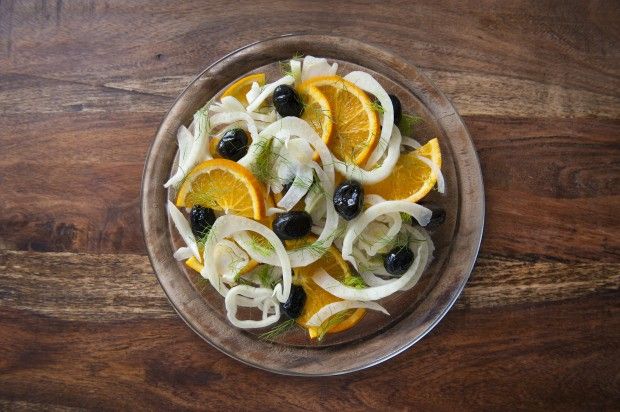 Bowl of Fennel, orange, black olive salad