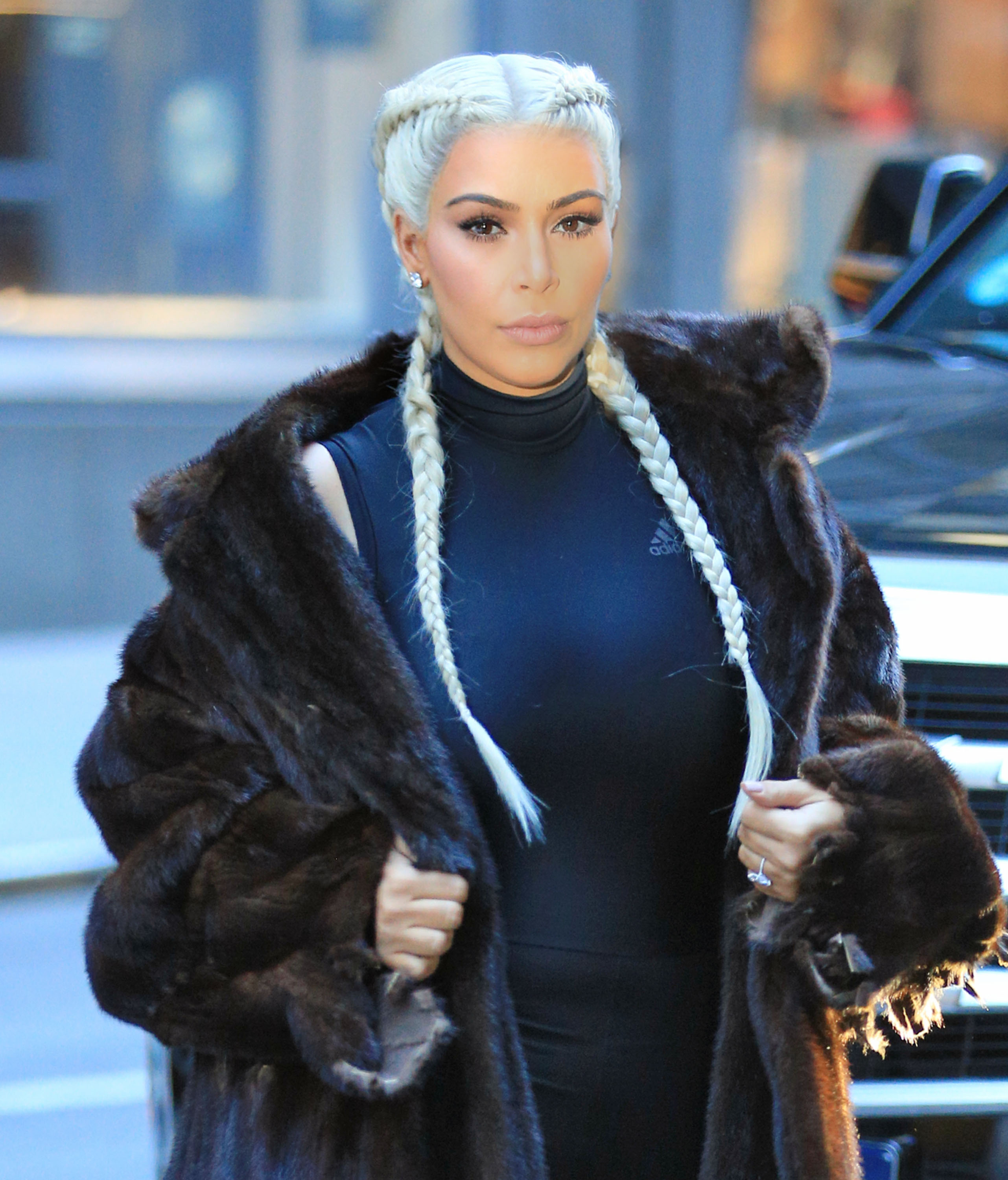 Kim Kardashian wears sports tights under fur coat with braided blonde hair in NYC Pictured: Kim Kardashian Ref: SPL1226850 130216 Picture by: Jackson Lee / Splash News Splash News and Pictures Los Angeles:310-821-2666 New York: 212-619-2666 London: 870-934-2666 photodesk@splashnews.com 